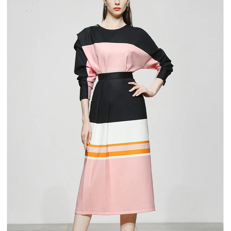 Spring New European and American Fashion Contrast Color Loose Bat Sleeve Sweater High Waist Temperament Straight Skirt Two-piece