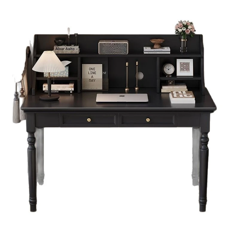 Black solid wood home study bedroom European small apartment writing retro table