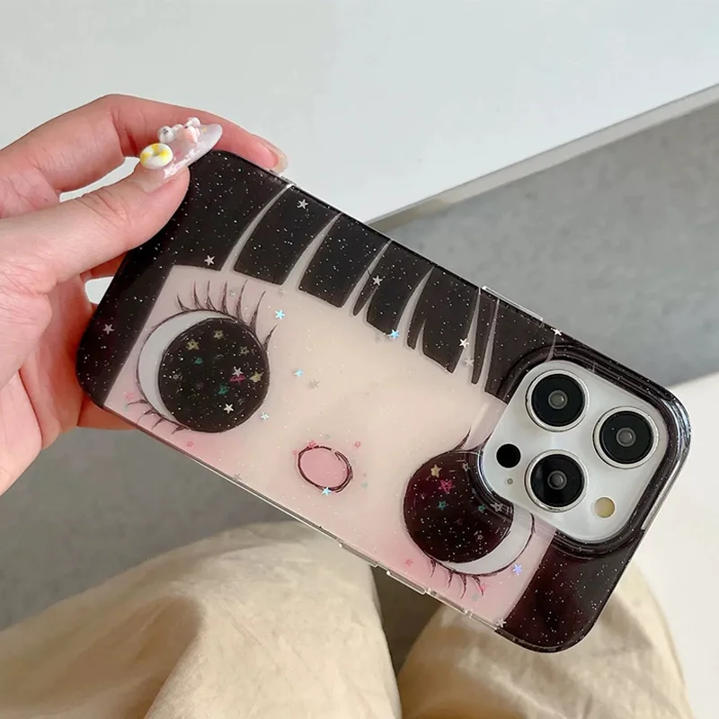 Big Eye Comic Girl Lovely Phone Case for iPhone 17 16e 16 15 14 13 12 11 Pro Max X Xs XR XSMax 8 7 6 6s Air Plus Feather Texture - náhled 2