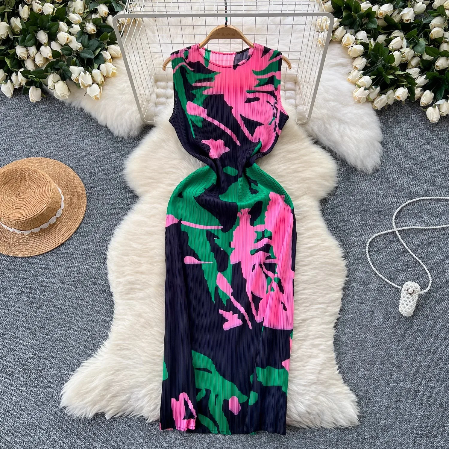 Summer Holiday Floral Print Miyake Long Pleated Dress Women Clothing Sleeveless High Stretch Straight Draped Loose Robe Vestidos