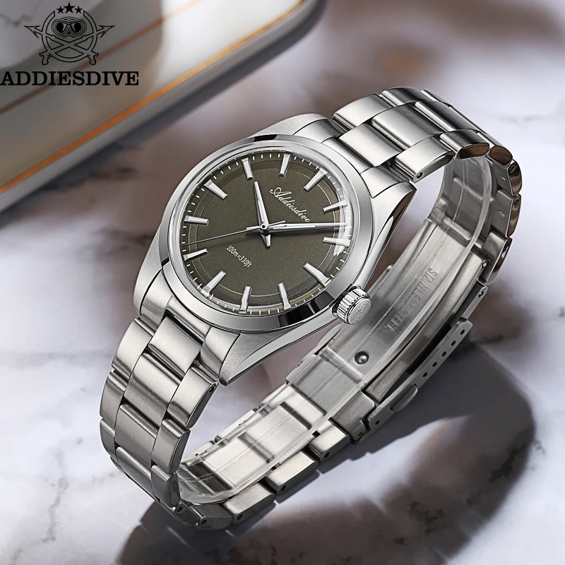 ADDIESDIVE Quartz Watch Luxury VH31 Waterproof 100m AR Coating Domed Glass Stainless Steel Luminous 36mm Watch For Men AD2066