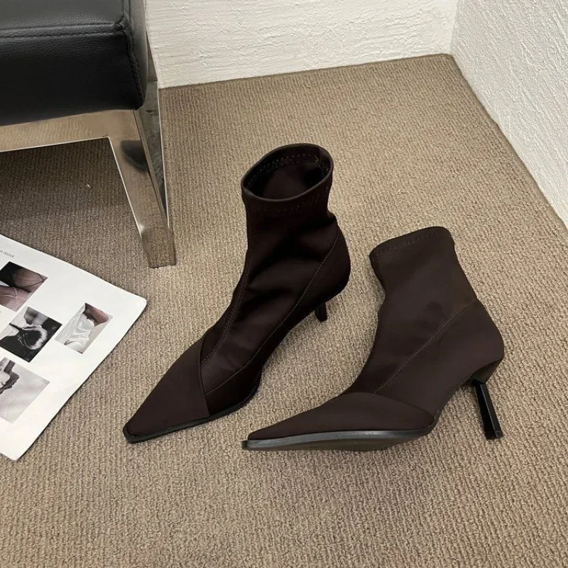

Thin High Heels 2024 Autumn And Winter Short Boots Elastic Thin Pointed Thin Fashion Design High Heels
