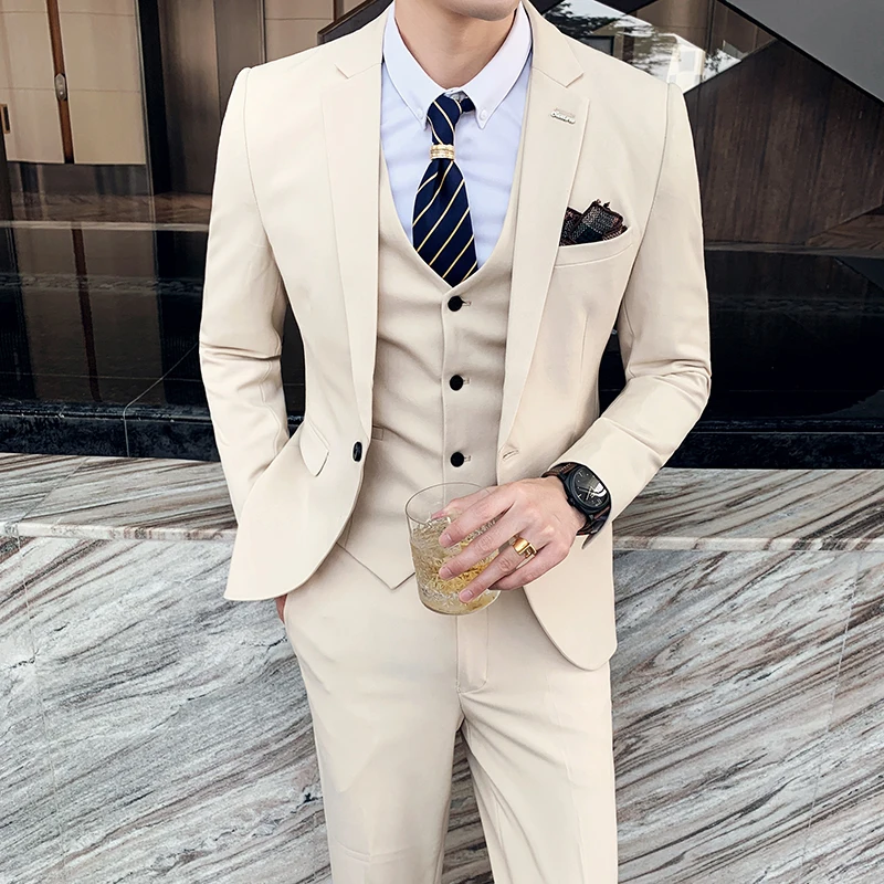 

2024 Fashion New Men's Leisure Boutique Business Solid Color Slim Wedding Suit / Plaid Striped 3 Pcs Blazers Jacket Pants Vest