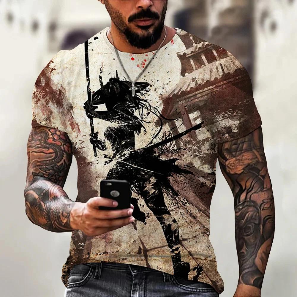 Samurai Pattern T-Shirt Fashion Casual Tops Men's T Shirt Short Sleeve Clothing Summer Loose Anime Japanese 3d Style Blouse 2024