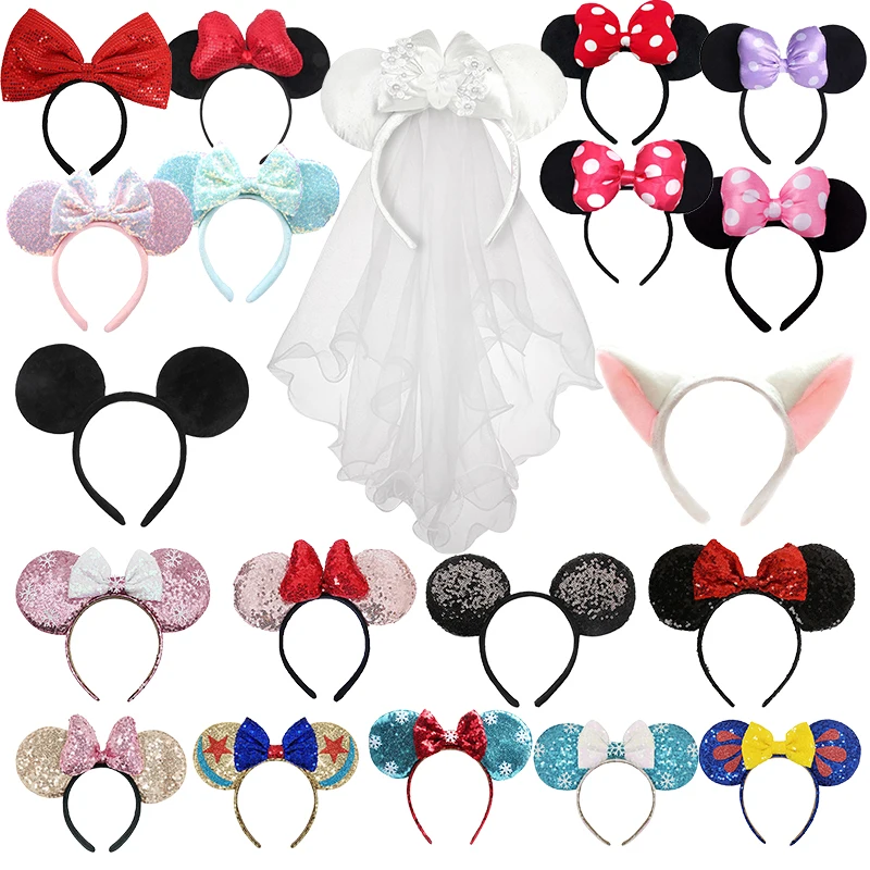 Mickey Mouse Ears Hairband For Girls Kids Sequin Dot Bows Cute Princess Toy Birthday Halloween Party Cosplay Hair Accessories