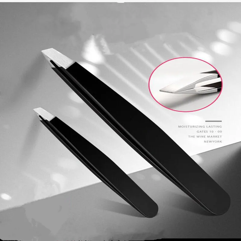 Black Eyebrow Tweezers Stainless Steel Slant Tip Hair Removal Makeup Tool Kit Eyelashes Extension  Double Eyelid  Application