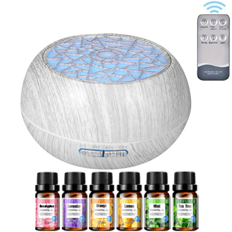 550ml Family-Sized Ultrasonic Diffuser with Wood Grain Design, Remote Control, 7 LED Mood Lights, 6 Essential Oils for Aromather