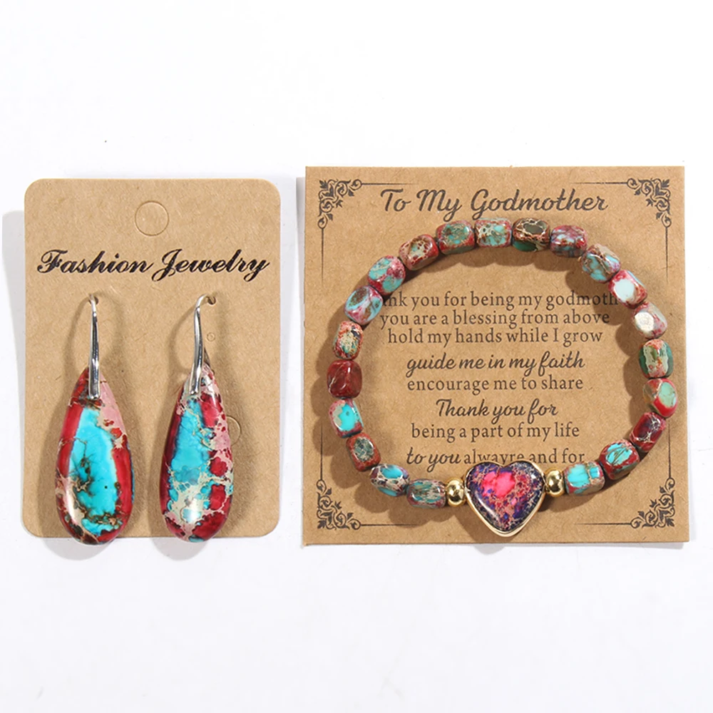 To My Godmother Two-color Love Heart Bracelet Multi-color Square Emperor Stone Bead Elastic String Drop Pendant Earrings