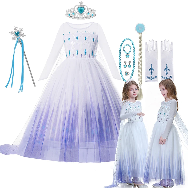 2025 Elsa Carnival Cosplay Costume for Girls Kids Winter Snow Queen Mesh Long Dress Halloween Purim Party Clothing for 2-10Y