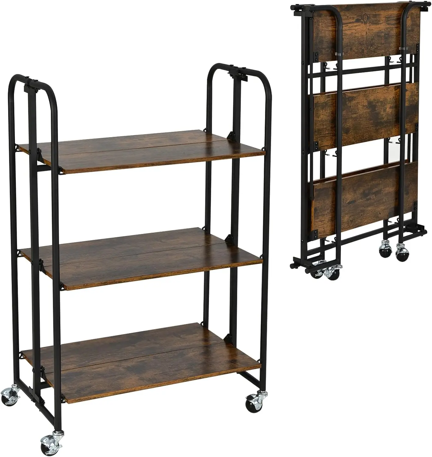 Giantex Foldable Storage Shelves With Wheels, No Assembly 3-Tier Rolling Cart, 2 Of The Wheels Have Locks, Microwave Utility