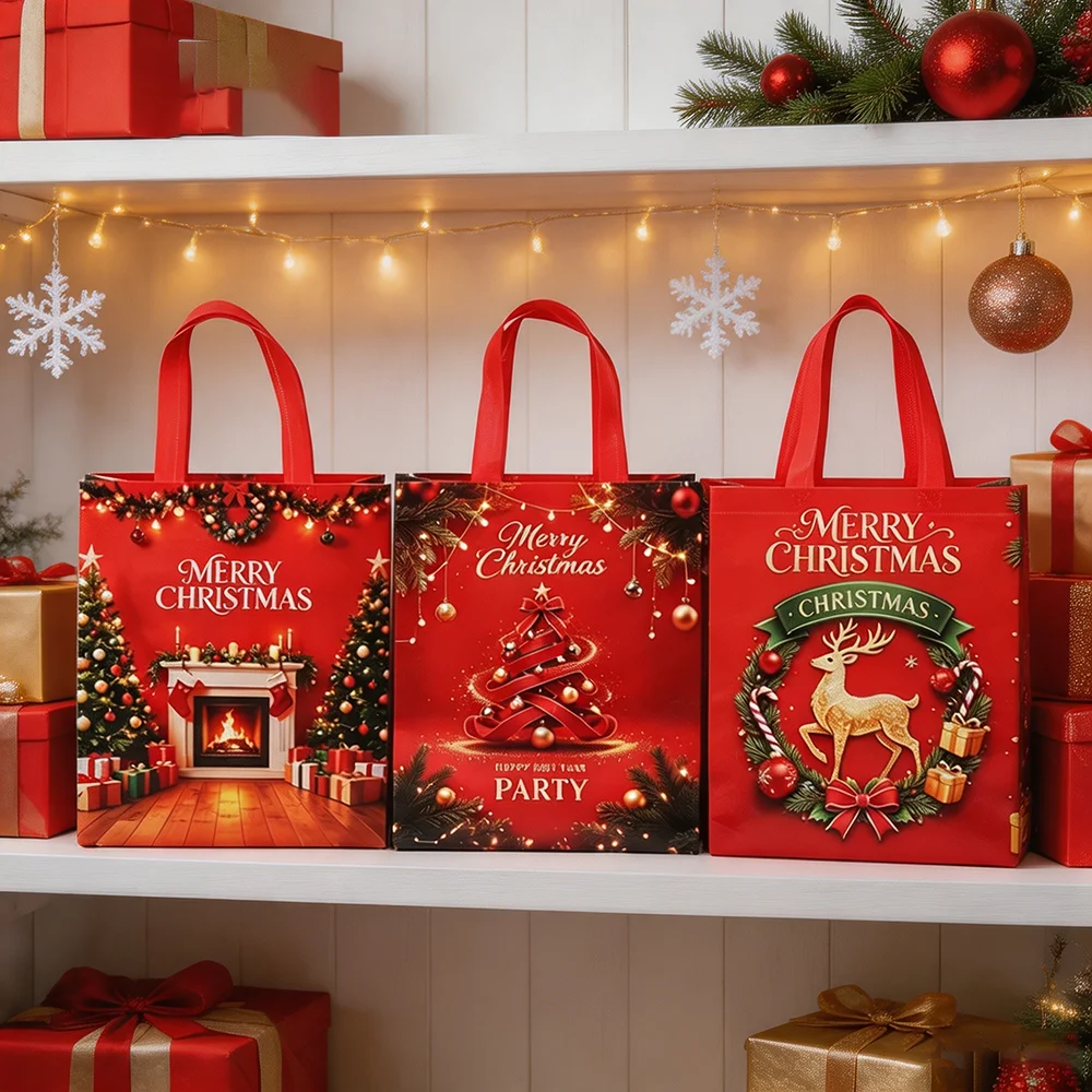 Christmas Shopping Bags Non Woven Reusable Tote Bags with Handles Merry Christmas Candy Present Bag Xmas Foldable Market Shopper