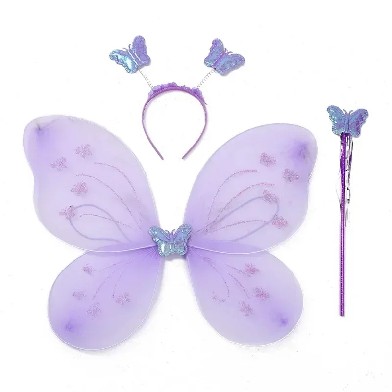 3 Pcs/Set Kids Butterfly Headband Wings Wand Girls Summer Photography Outfit Children Yellow Green Purple Pink Fairy Tale Props