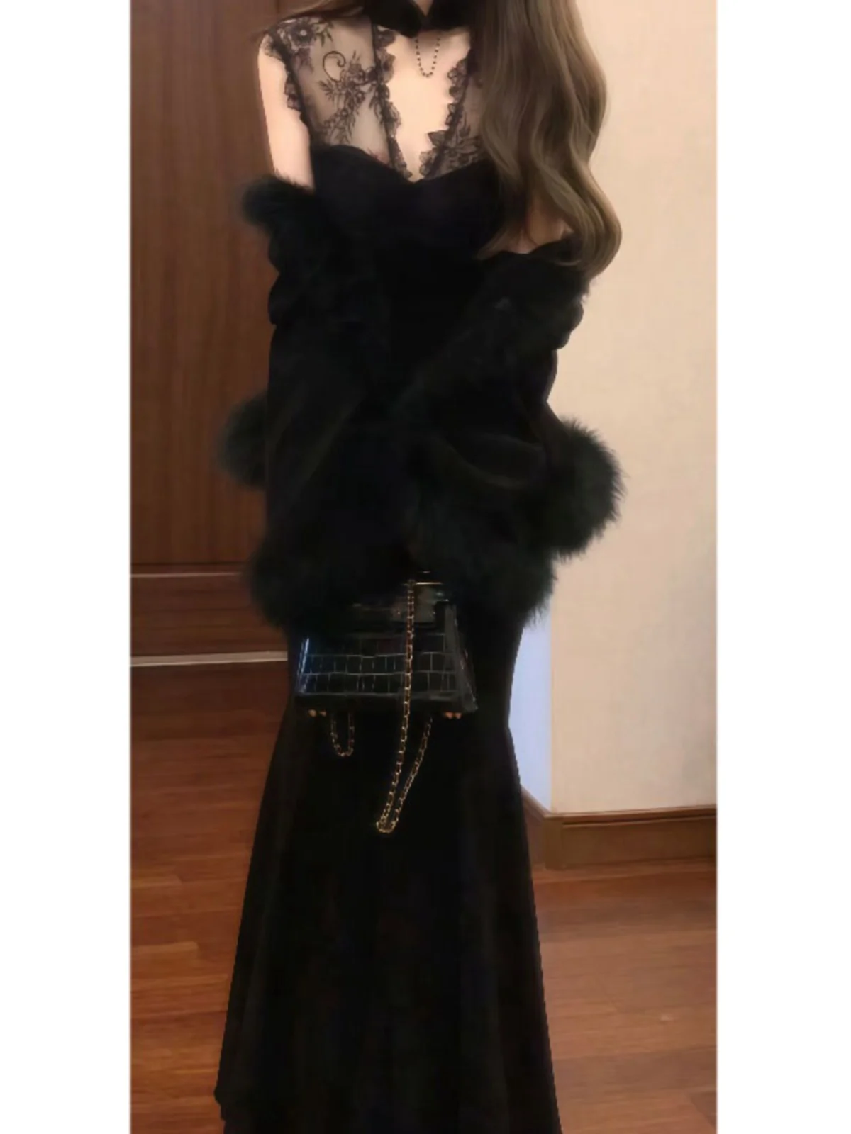 

Hebe Style Luxury Fur Coat Lace Fish Tail Dress Two Piece Set Korean Style Spring Fashion Ensemble Women's Comfortable Cotton...