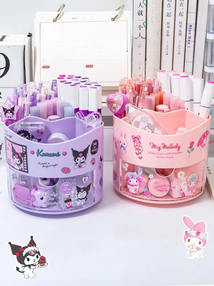 Cute Sanrio Rotating Pen Holder Storage Box Anime Kuromi Cinnamoroll Kawaii Desk Organizer Stickers Stationery Cosmetic Storage