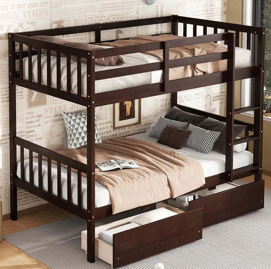 #Modern Adjustable Twin Over Twin Rubber Wood Bunk Bed With 2 Drawers Convertible Into 2 Twin Beds