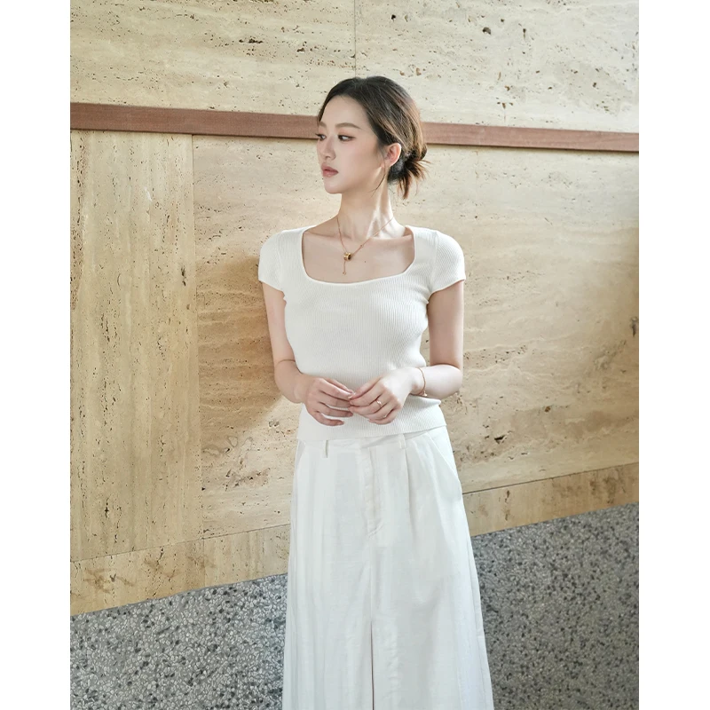 

Женская футболка SerioLudere Slim Fit с коротким рукавом из шелковой пряжи, с квадратным воротником, универсальный повседневный летний топ