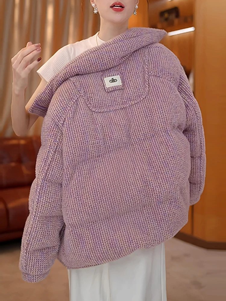 

Мягкая, нежная, фиолетовая вязаная хлопковая куртка с капюшоном для женщин, зимняя, новый дизайн, фактурная, теплая, верхняя одежда, корейский стиль, свободный крой
