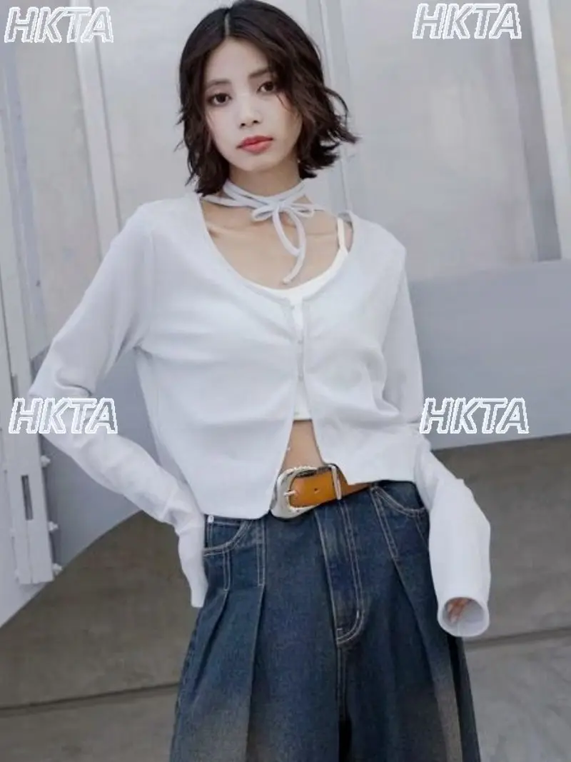 

Японская ретро-футболка с V-образным вырезом и длинными рукавами, вязаная, весна-лето, новая, для повседневной носки, приталенная, элегантная, белая, укороченная, женская