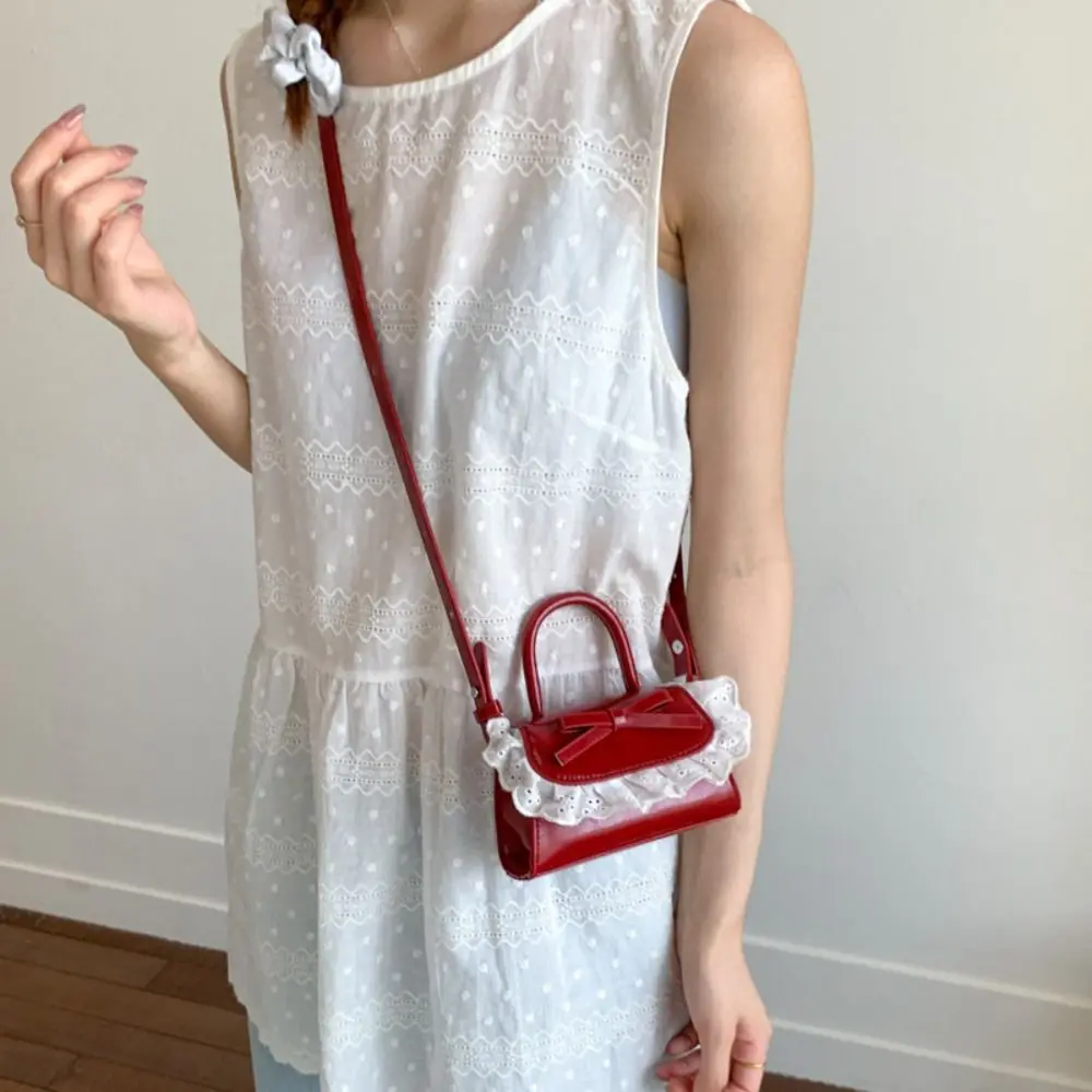 

Simple Ruffle Bow Coin Purses PU Leather Square Crossbody Wallet Sweet Small Shoulder Bag Handbag