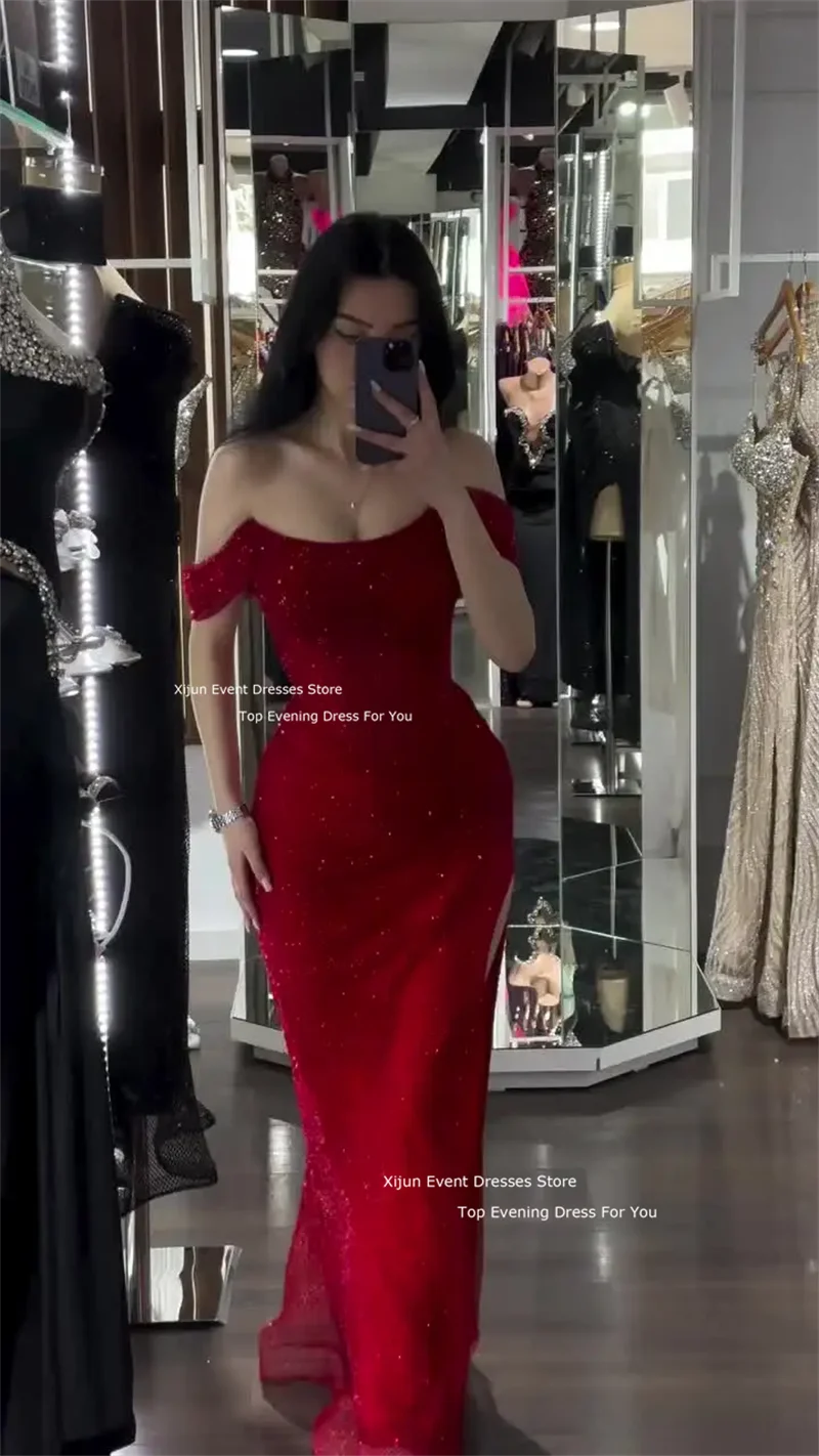 Xijun Glitter Red Evening Dresses Mermaid Off The Shoulder Prom Gowns Celebrity High Side Slit Prom Dresses Birthday Parrty Gown