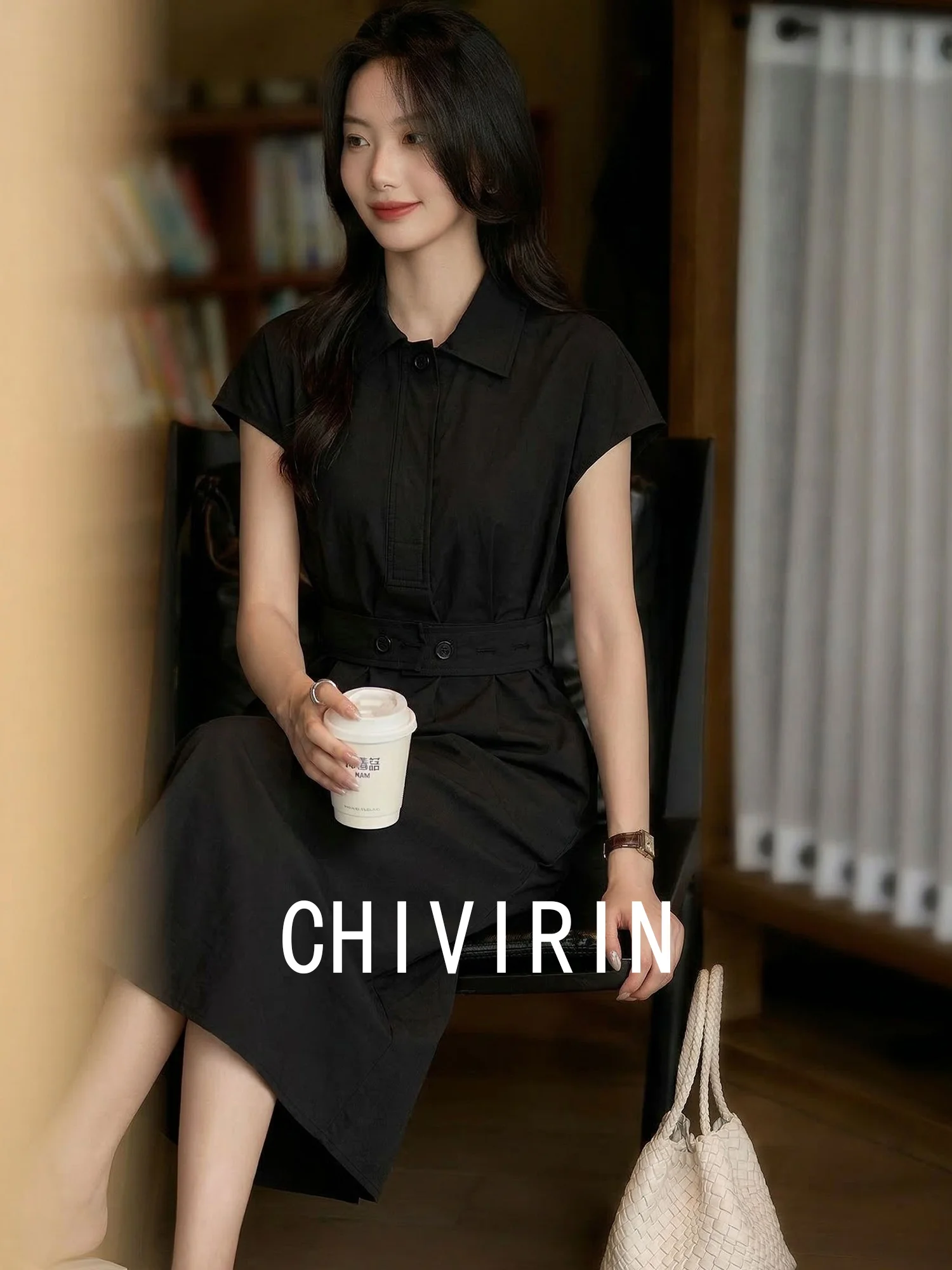 

Chivirin Fashionable Black Shirt Dress Slimming Waist Short Sleeve Midi Length Polyester Lycra Blend Summer 2026 Women's Dress