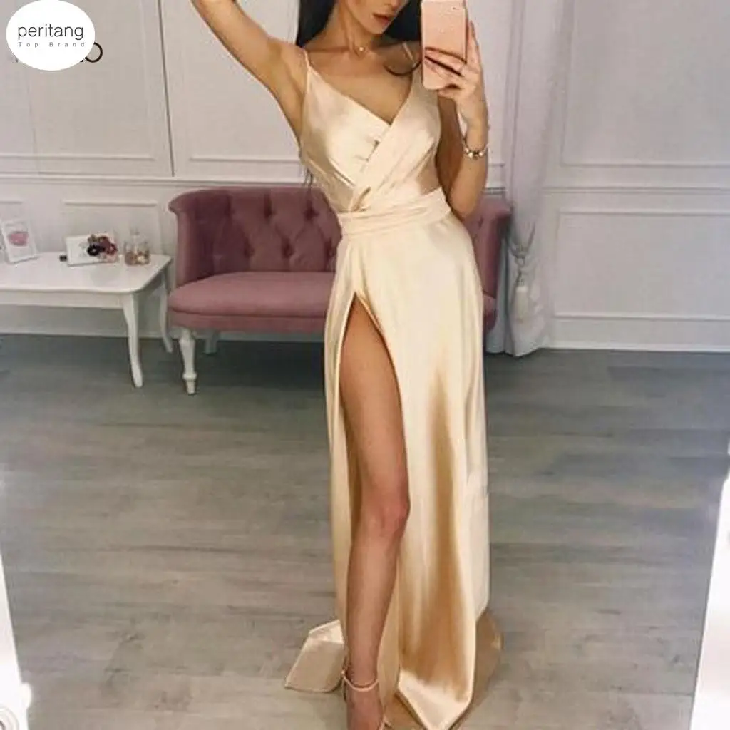 

Summer Women Sexy Bandage Sashes Dress Evening Party V-neck Split Spaghetti Strap Maxi Dresses Female