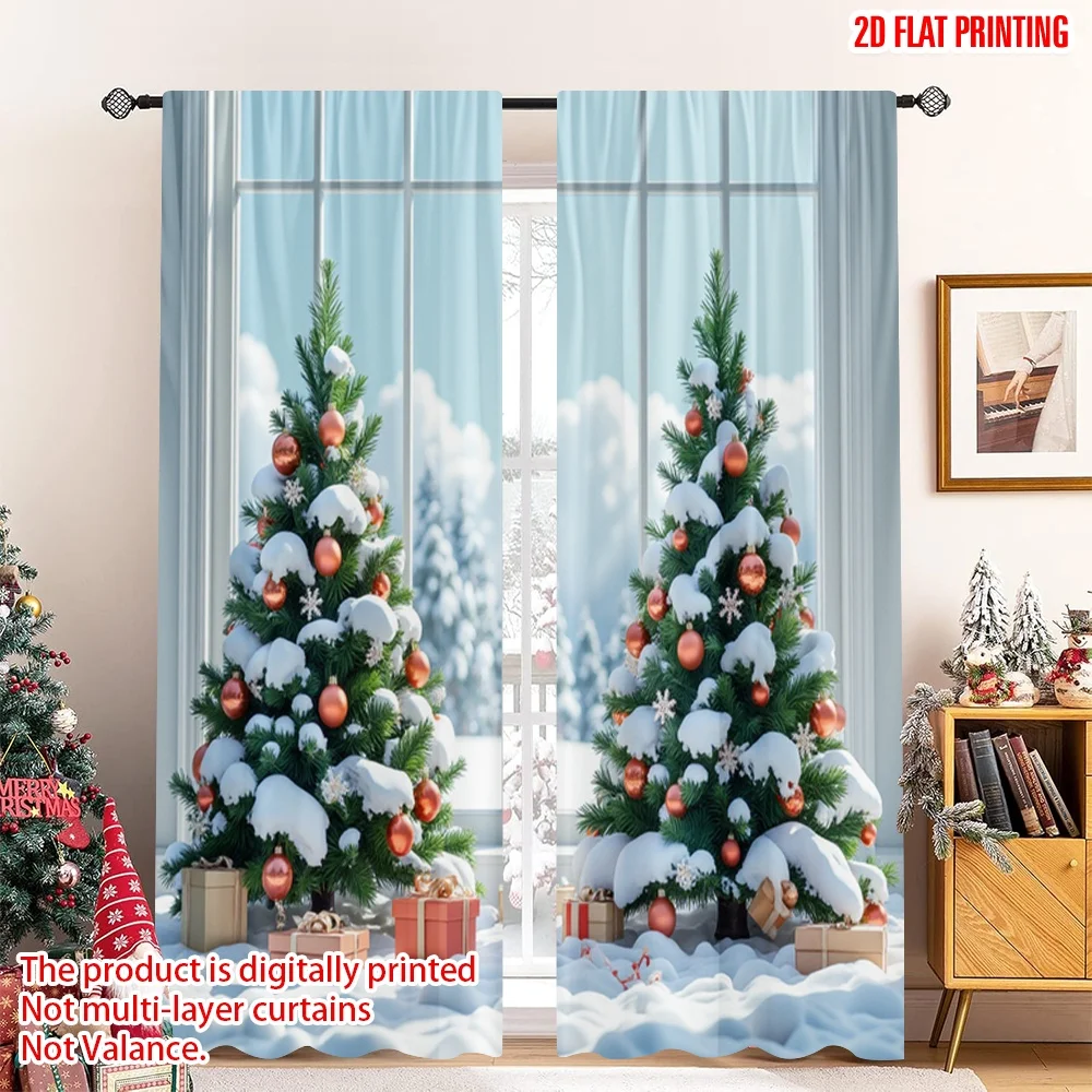 

2pcs 2D flat printing Merry Christmas Window Drapes Cozy Christmas Tree Gifts Snow Polyester Fabric Without Electricity Spring