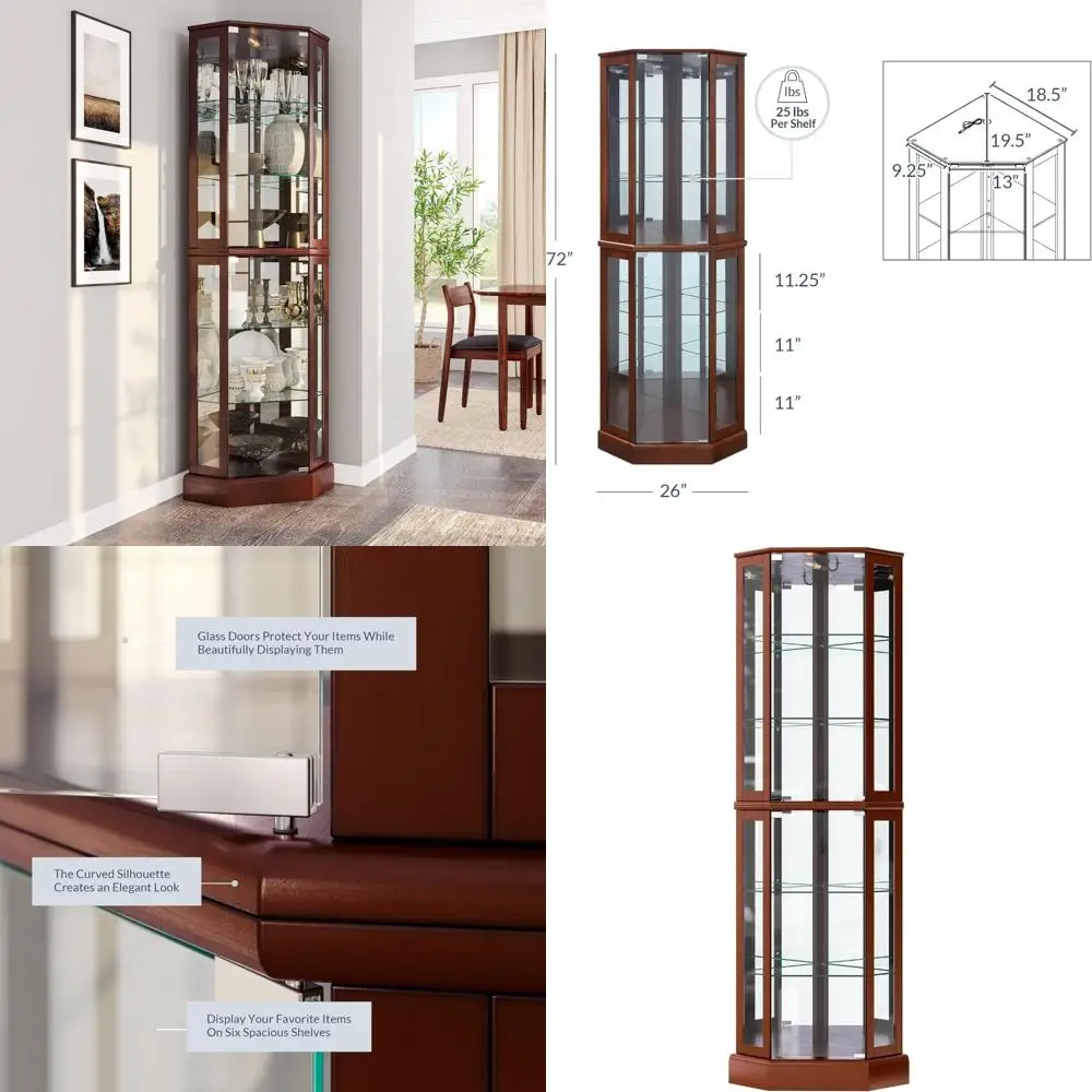 خزانة عرض زاوية مضاءة مع أرفف خشبية منحنية، 72 طويلًا، باب من الزجاج المقسى، مثالية لتخزين البار والمشروبات الخمور #1