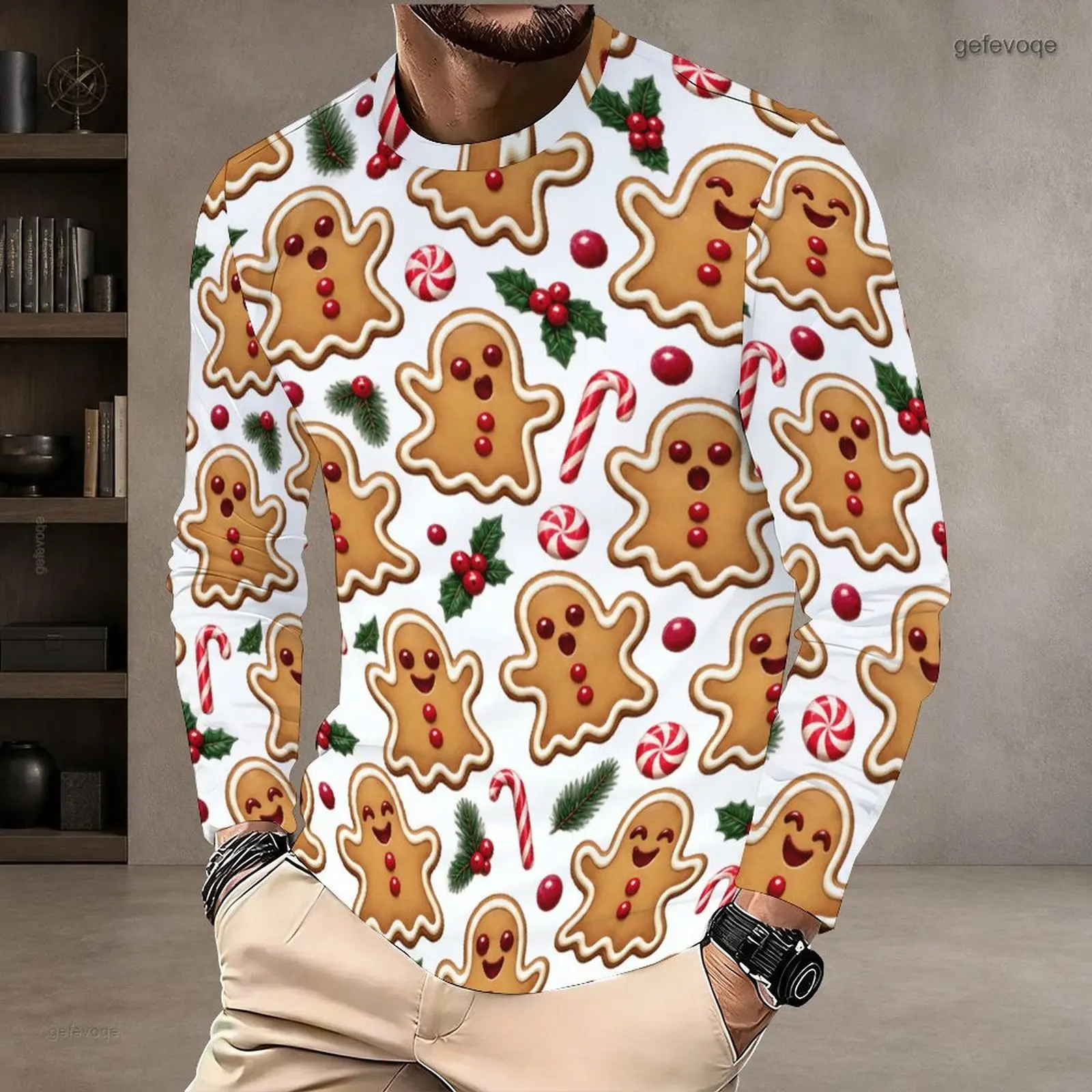 Men White Base Gingerbread Man Candy Cane Holly Print Round Neck Long Sleeve T-Shirt