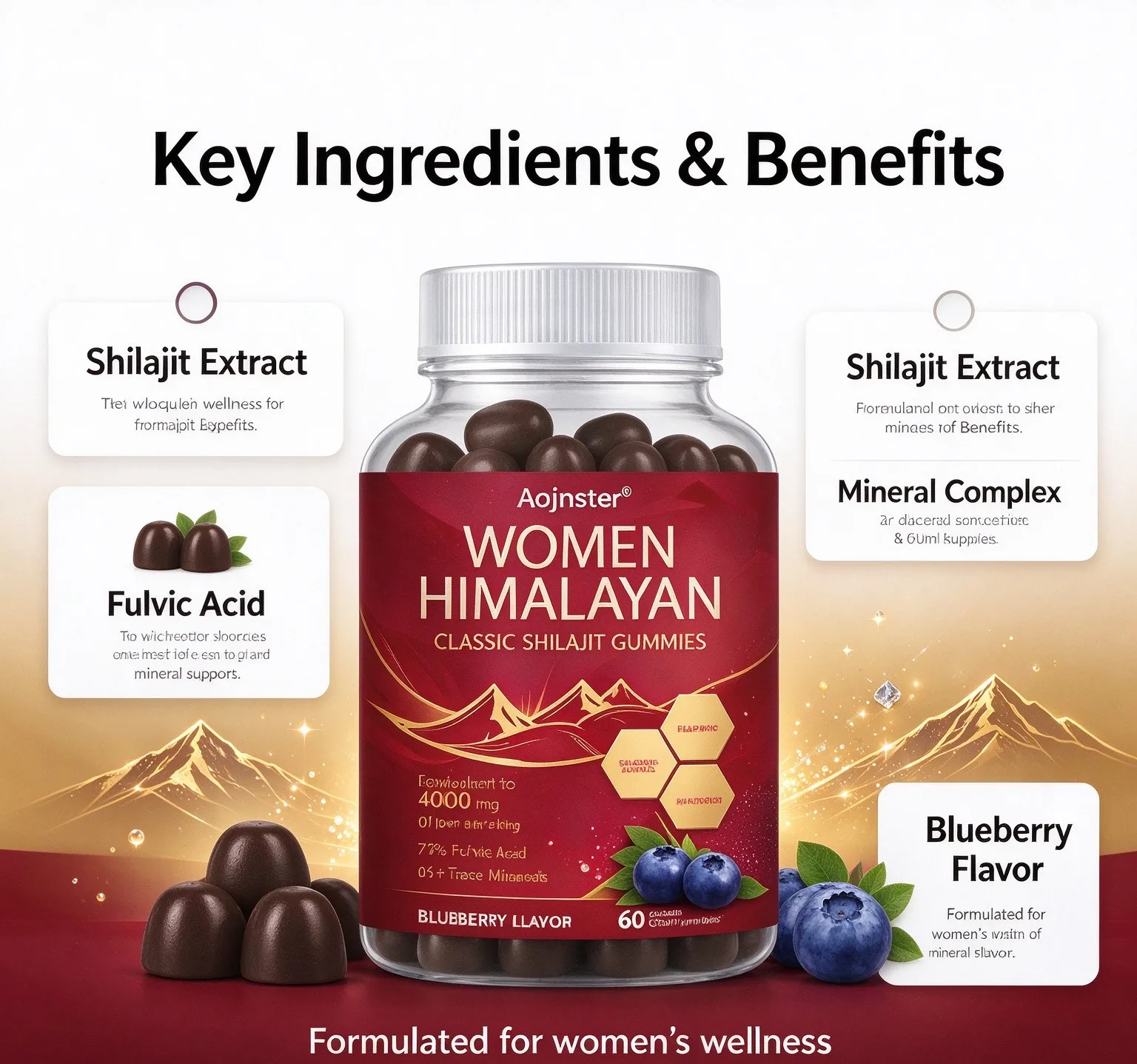 Women Himalayan Shilajit Gummies,Contain Fulvic Acid,B‑Vitamins & Trace Minerals, 60 Count, Daily Nutritional Support for Women