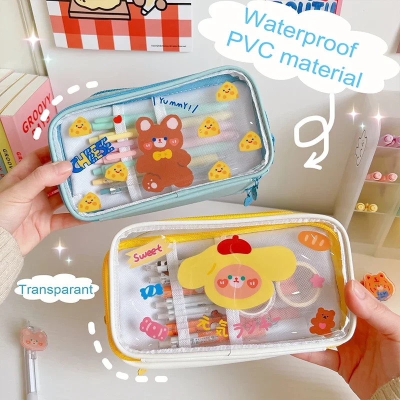 Transparent Pencil Case Cute Large Capacity Bag Korean Comic PVC Waterproof Box School Stationery Office Teaching Supplies