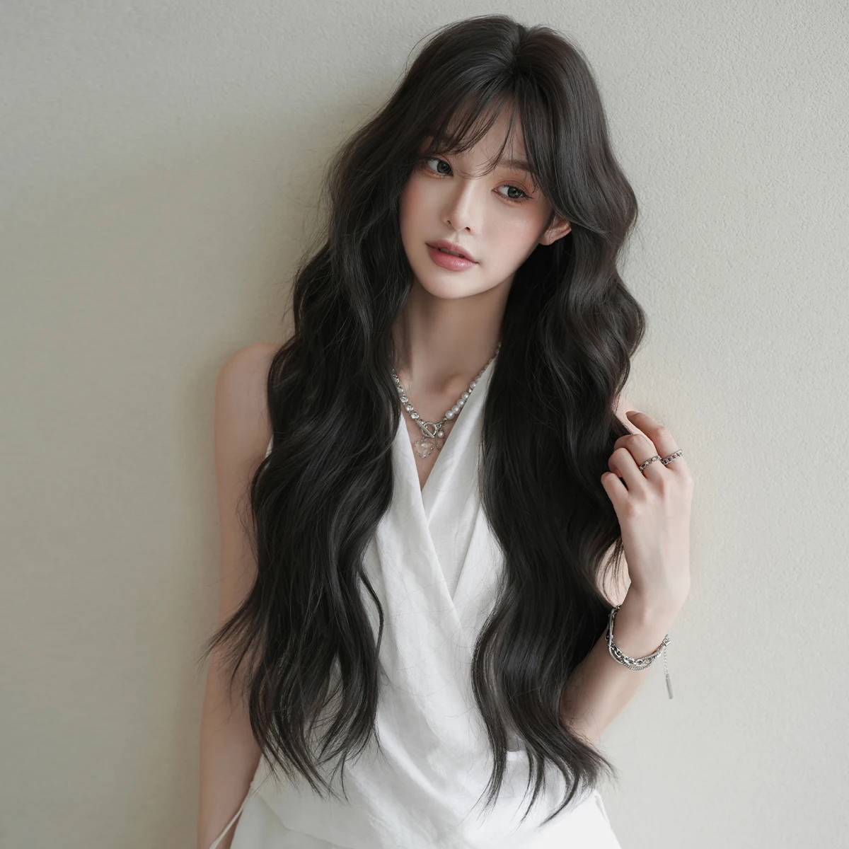 7JHH WIGS Long Water Wave Dark Brown Wig for Women Synthetic Modest Fashion Middle Part Wear and Go Wigs with Curtain Bangs - view 3