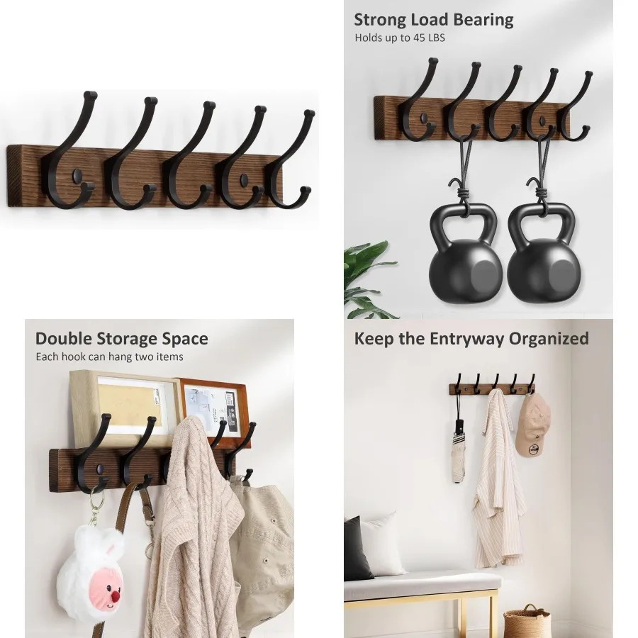 Wall Mount Coat Rack 16.5 Inches Wooden Design with 5 Hooks for Hanging Coats Bags and Towels in Entryway Living Room or Bedroo