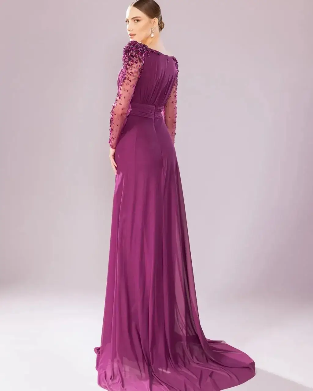 Arya Purple Exquisite Evening Dress Chiffon Long Skirt Long Sleeves O-Neck Bead Embroidered Wedding Dress Customized