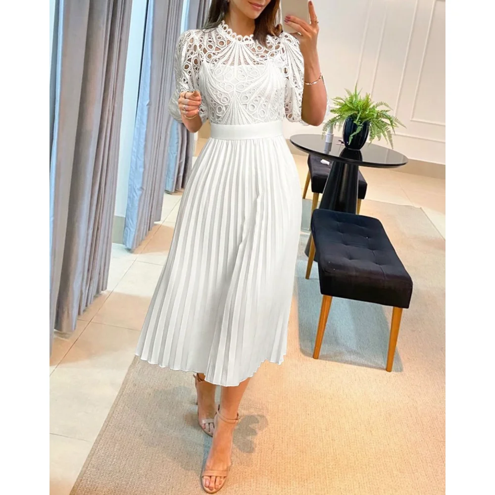 

Summer Women Eyelet Hollow Out Embroidery Puff Sleeve Pleated Midi Dress Casual Half Sleeve White Dress Party Evening Vestidos