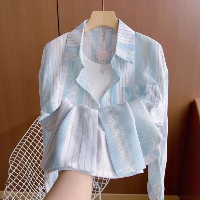 

Striped New Long Sleeve Blue Sun Protection Cardigan Loose 2025 Thin Printed Button Cardigan Top Jacket