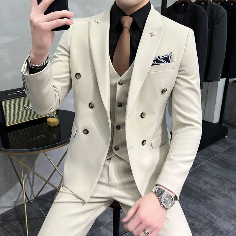 2023 Fashion Men\'s Leisure Boutique Slim Business Solid Color Double Breasted Wedding Dress Suit Blazers Jacket Coat Pants Vest