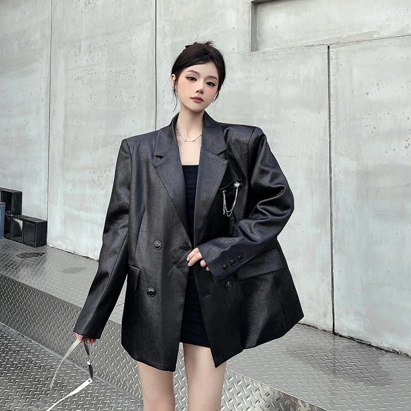 SuperAen Korean Style Autumn New Designed Leather Suit Jacket Luxury Double-breasted Solid Color Shoulder Pad Blazer