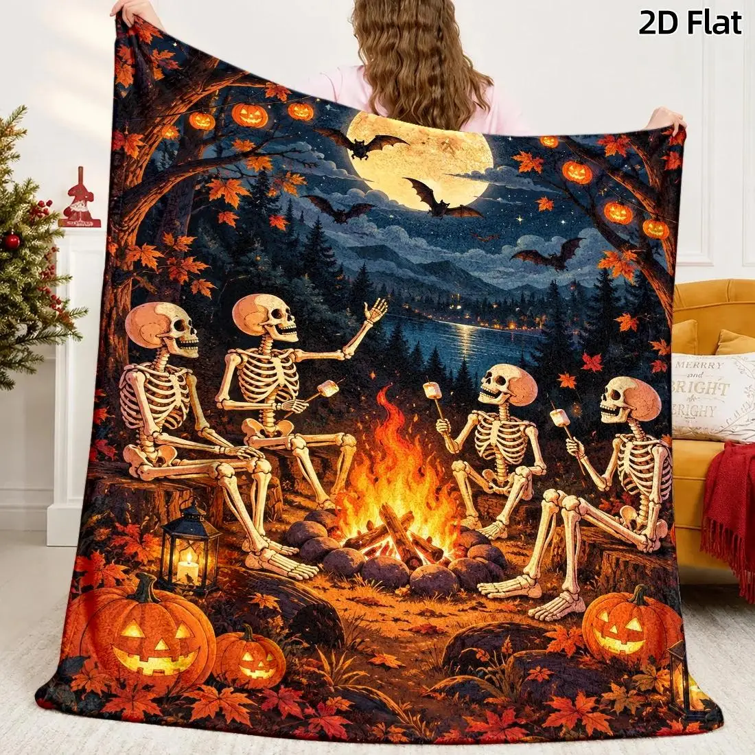 1pc 2D Flat Throw Blanket, Halloween Skeletons by Campfire Pattern, Gothic Dark Tone Decor Blanket