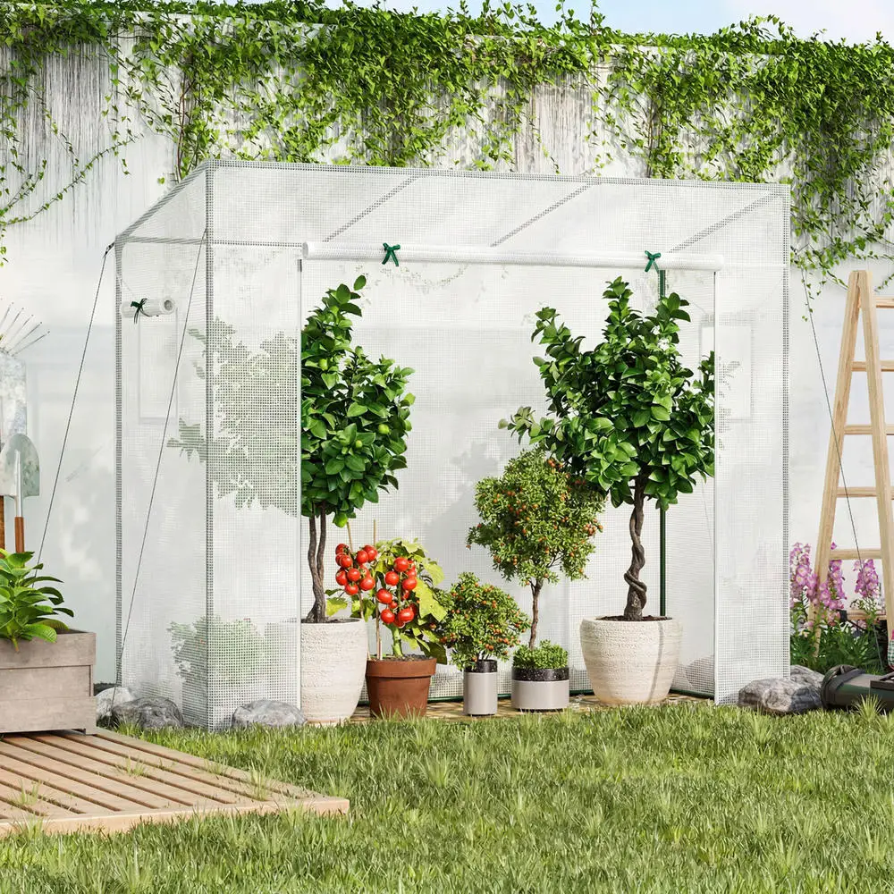 Outdoor Walk-In Greenhouse, Portable Plant Growing Tent With High-Strength PE Coated Metal Frame, Roll-Up Zipper Door And Mesh Windows For Backyard Patio Vegetable Flower Cultivation, White