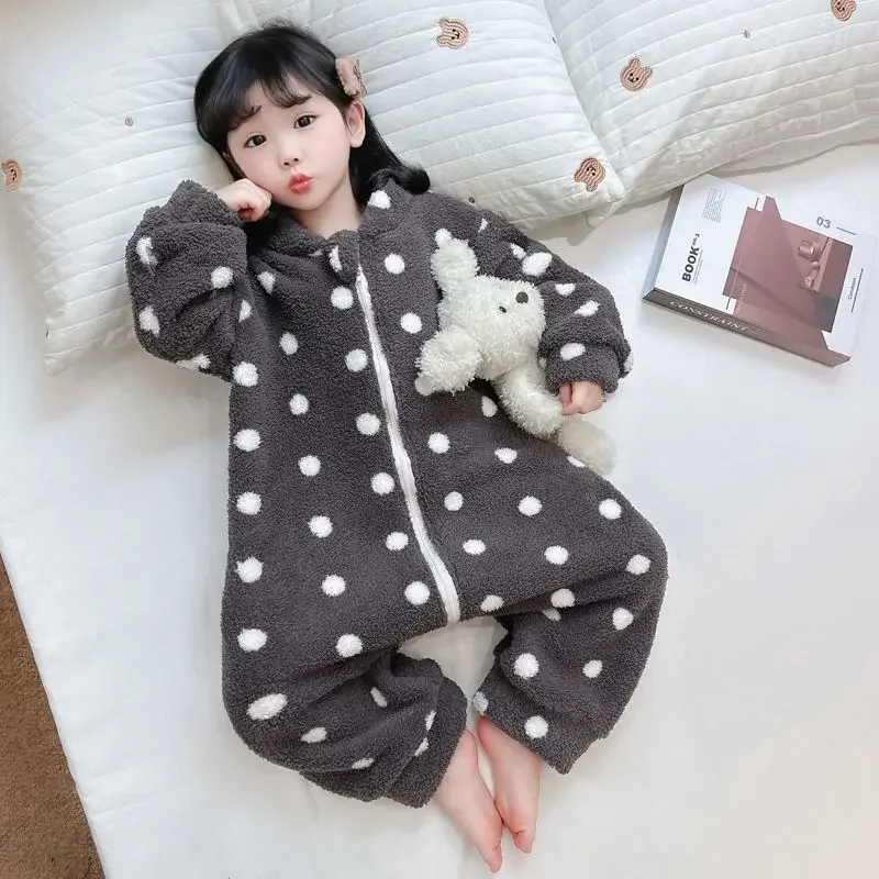 Girls' Jumpsuit Winter Coral Fleece Sleeping Bag 2024 New Girls' and Children's Flannel Home Clothes for Boys Polka Dot Rompers