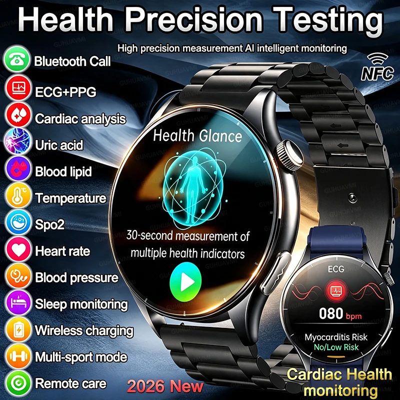 2026 New Health One Click Micro Physical Examination Smart Watch ECG+PPG Blood Oxygen Uric Acid Tracker NFC HD Call Clock Watch
