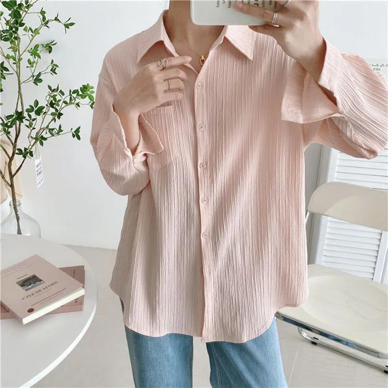 Solid Color Striped Casual Shirts Woman Summer All-match Loose Thin Shirt Coat Female Harajuku Long Sleeve Sun-proof Blouses