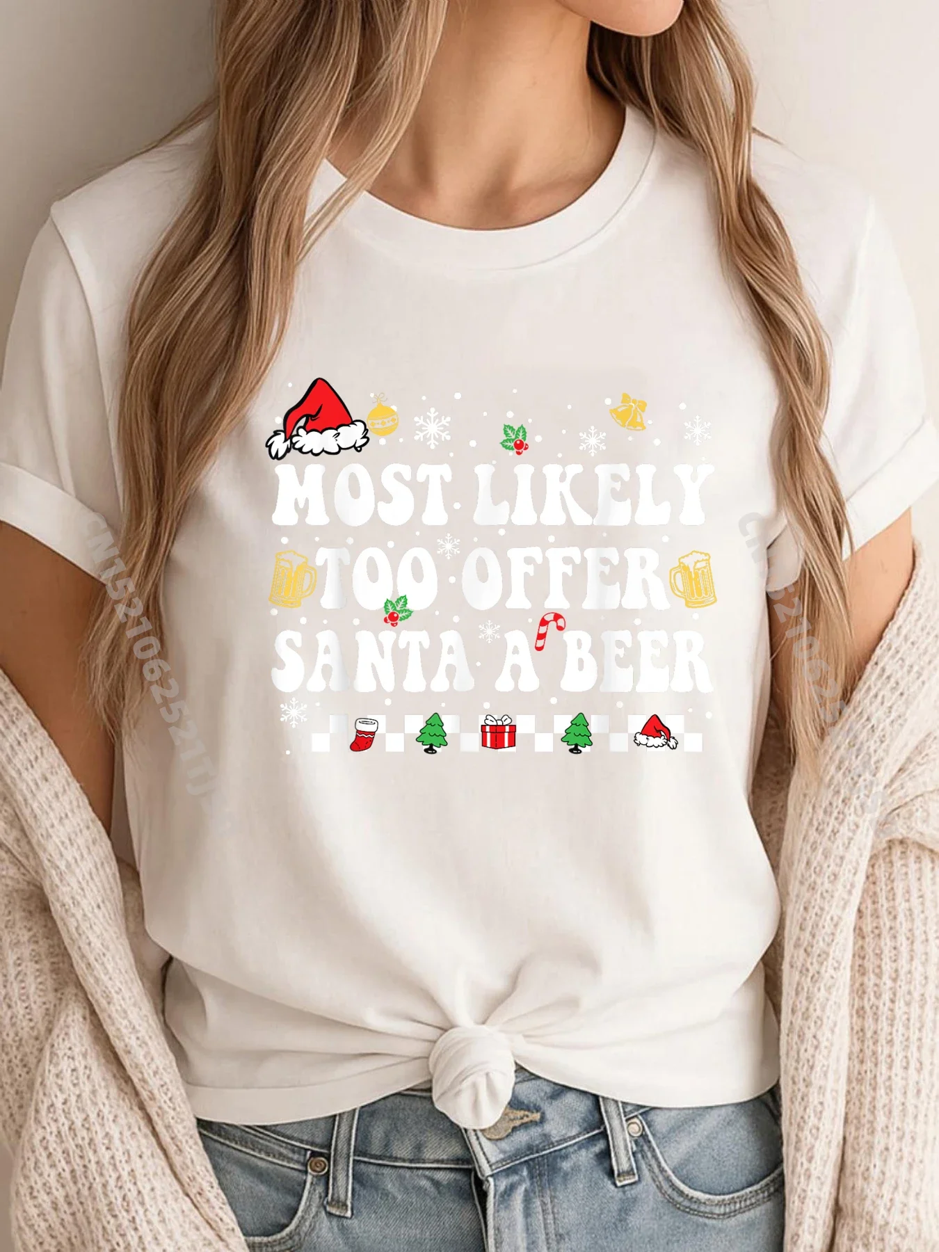 Most Likely To Offer Santa A Beer Drinking Christmas Funny Printed Women's T-shirt Summer Casual Short Sleeved Women's Clothing