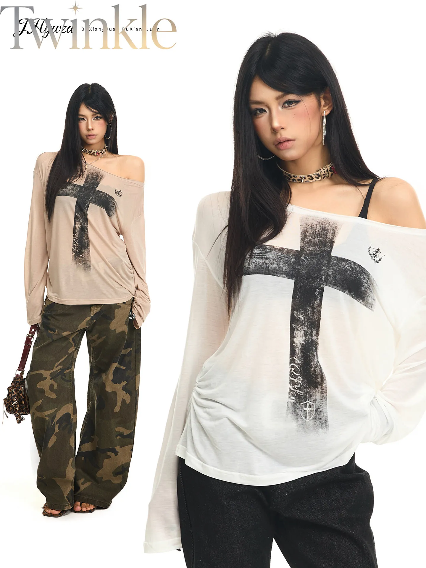 Women Off Shoulder Long Sleeve T Shirt Vintage Print Asymmetric Top Sun Protection Beach Cover Up Sexy Streetwear Y2K Soft Shirt