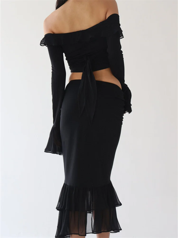 CHRONSTYLE Women Y2K Ruffles 2 Pieces Skirts Sets Off Shoulder Sheer Mesh Shirts Tops Irregular Hem Split Skirts Streetwear 2023