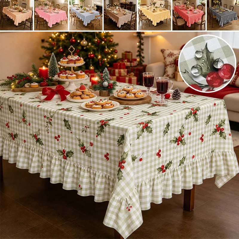 Christmas Holly Patten Tablecloth with Ruffle Hem Berry Print Waterproof Rectangle Table Cover for Holiday Dinner Party Decor