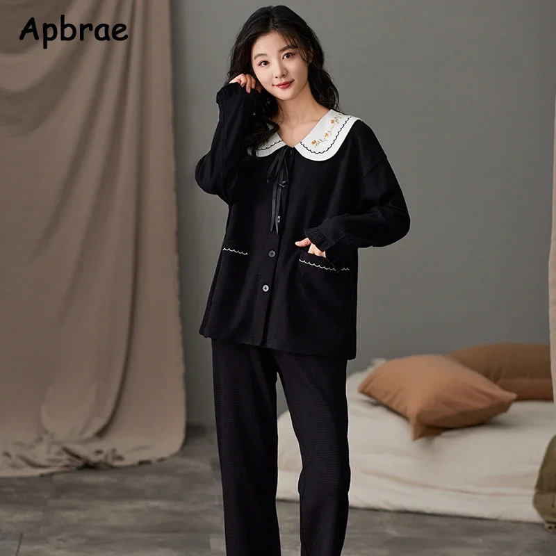 Autumn Winter Waffle Cotton Pajamas for Women Long Sleeves Casual Lapel Cardigan Pijamas Princess Style Woman Sleepwear