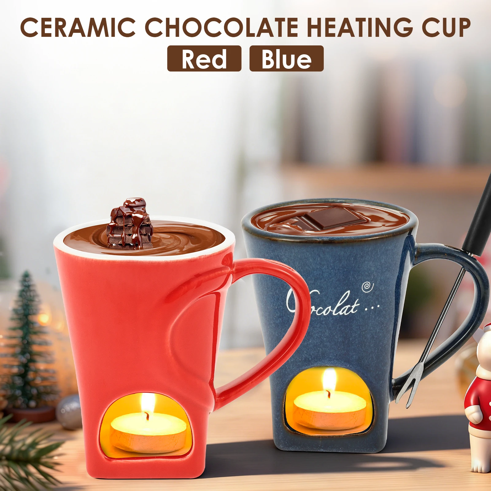 Tasse à fondue au chocolat 150 ml, tasse à bougie européenne, mug en céramique chauffant pour aliments, fromage, beurre, café avec fourchette, fournitures pour fêtes à domicile