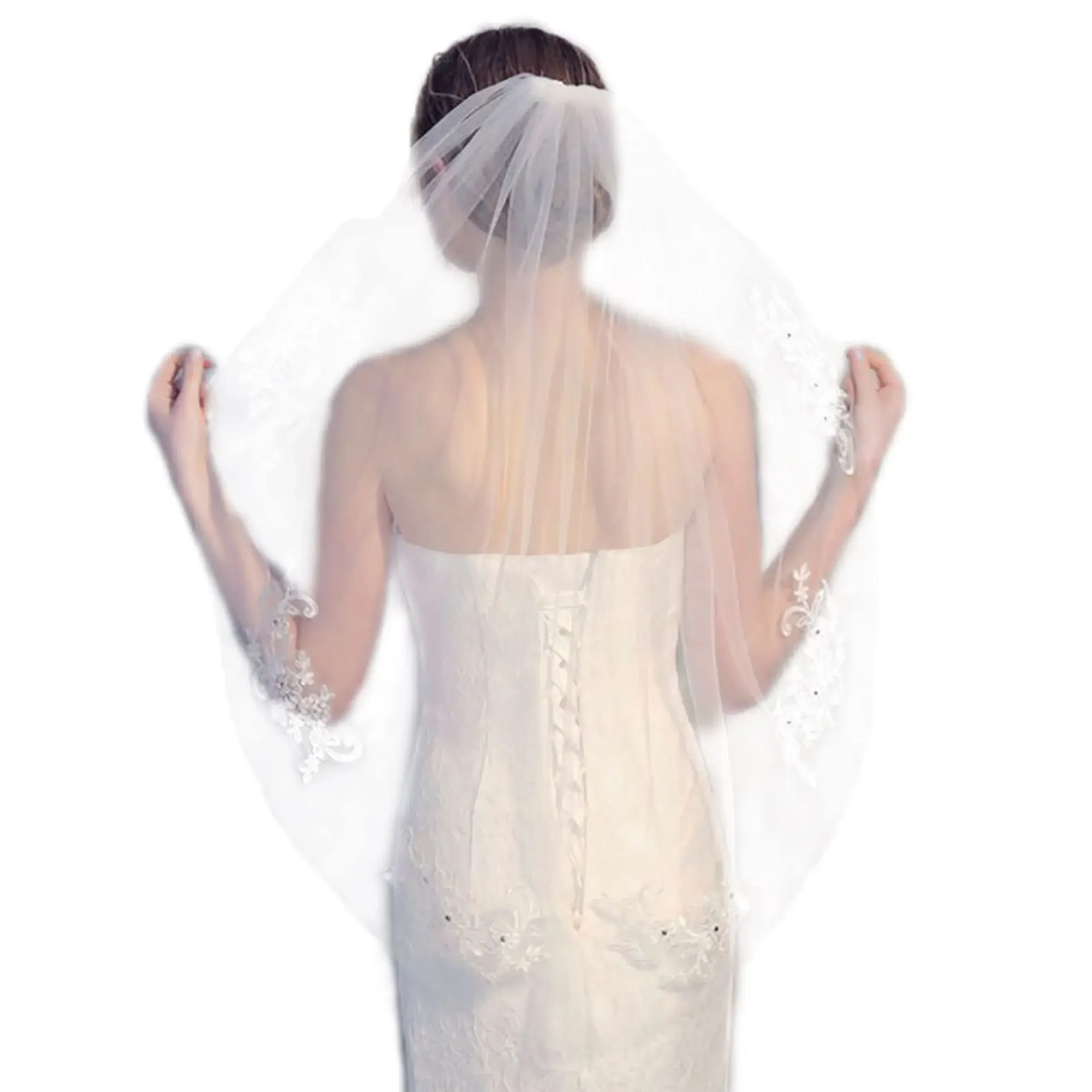 Bridal Lace Embroidery Hollow Out Flower White Ivory Veil Drop Wedding Hair Comb Crystal Beads Wide Lace Veil Chapel